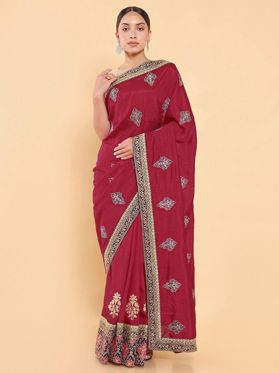 soch red & blue floral embroidered saree