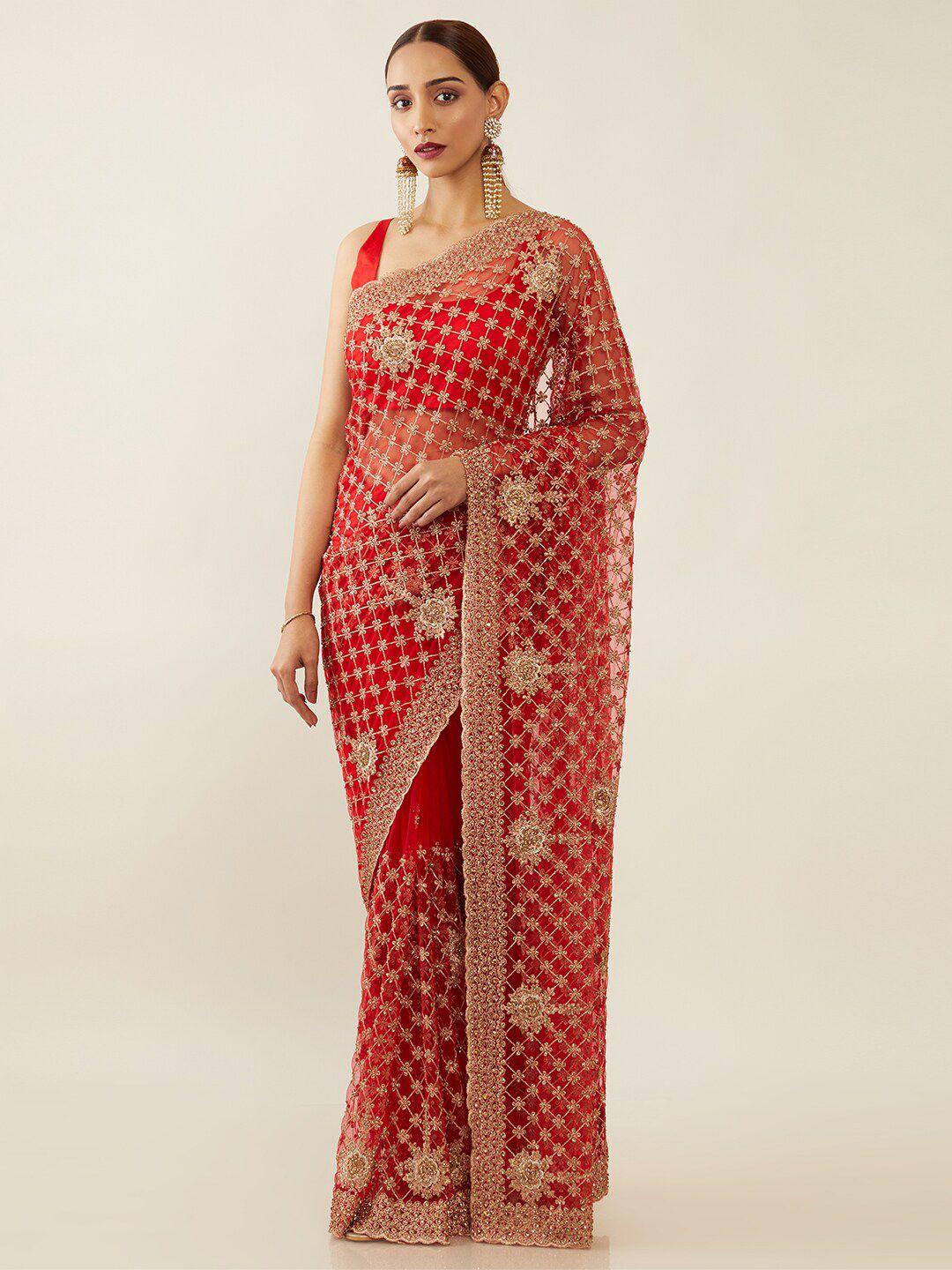 soch red & gold ethnic motifs embroidered net saree