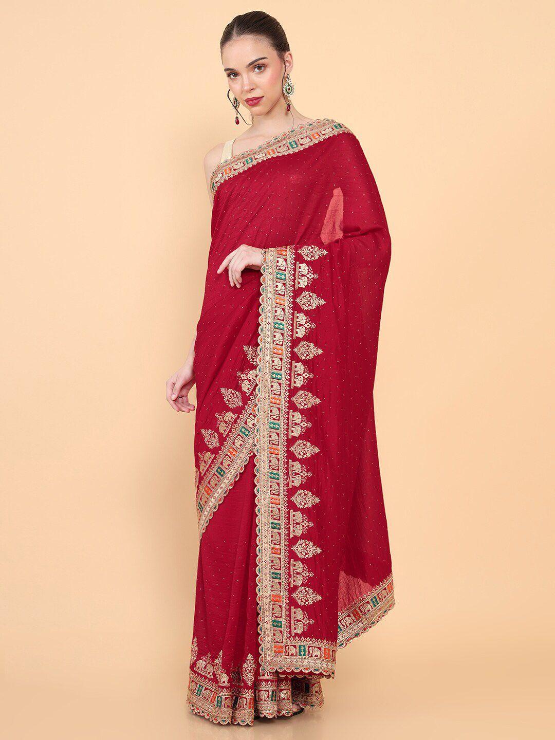 soch red & gold-toned ethnic motifs embroidered silk blend tussar saree