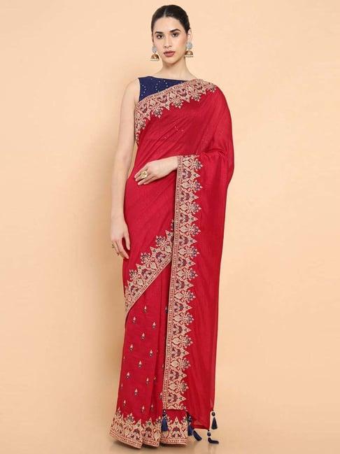 soch red cotton embroidered saree with unstitched blouse