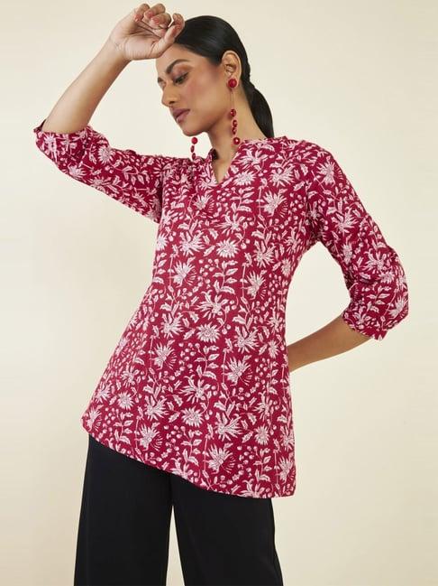 soch red cotton floral print tunic