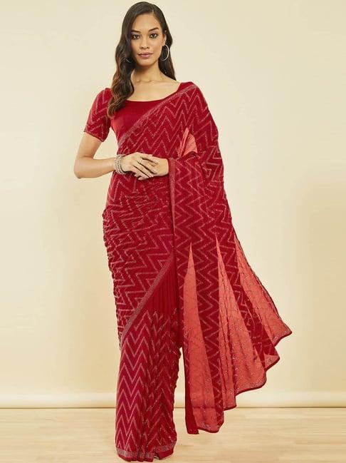 soch red crepe chevron all-over stone embellished saree