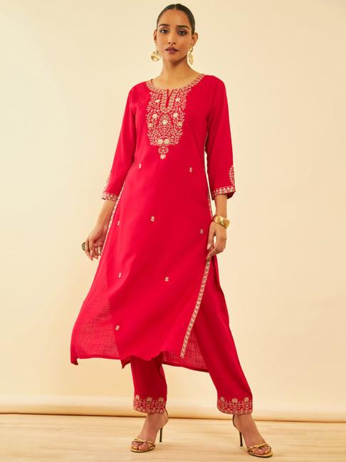 soch red embroidered kurta pant set