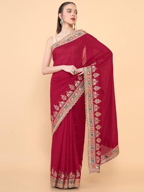 soch red embroidered saree with unstitched blouse