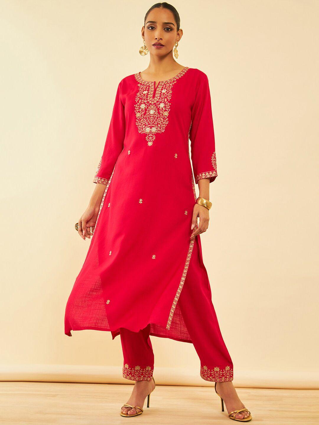 soch red ethnic motifs embroidered regular mirror work kurta with trousers