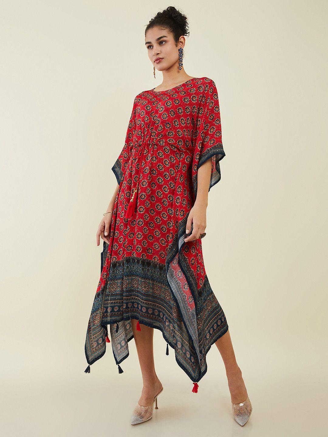 soch red ethnic motifs print bell sleeve kaftan midi dress