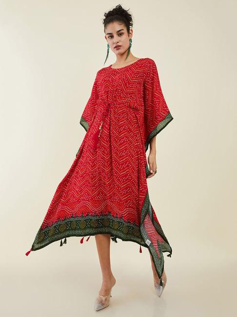 soch red printed high-low kaftan dress