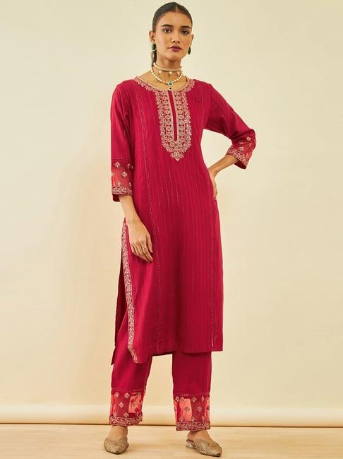 soch red rayon embroidered round-neck straight kurta sets