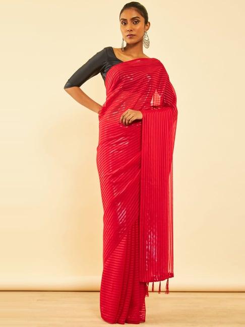 soch red striped saree with unstitched blouse