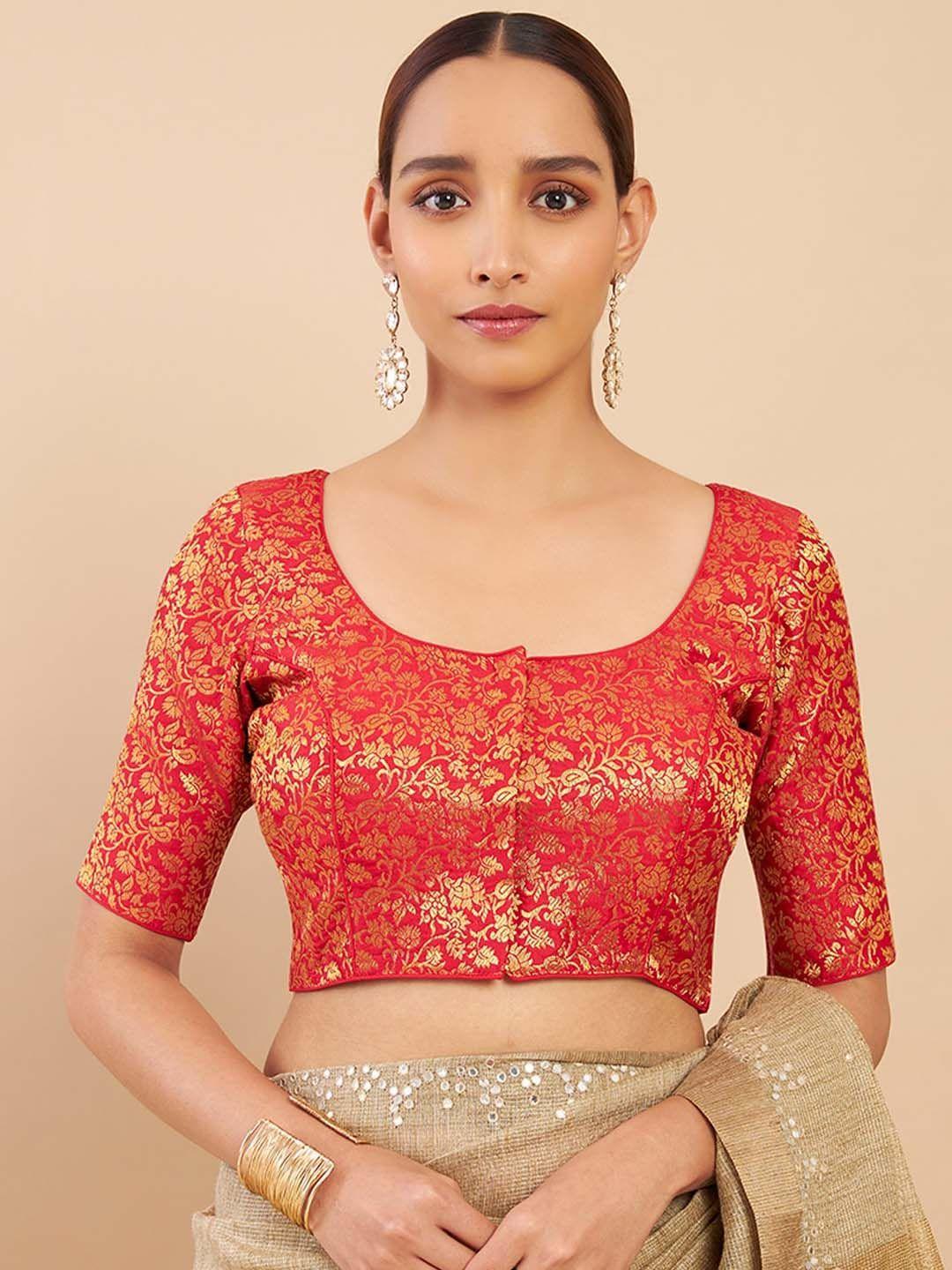 soch red woven design silk saree blouse