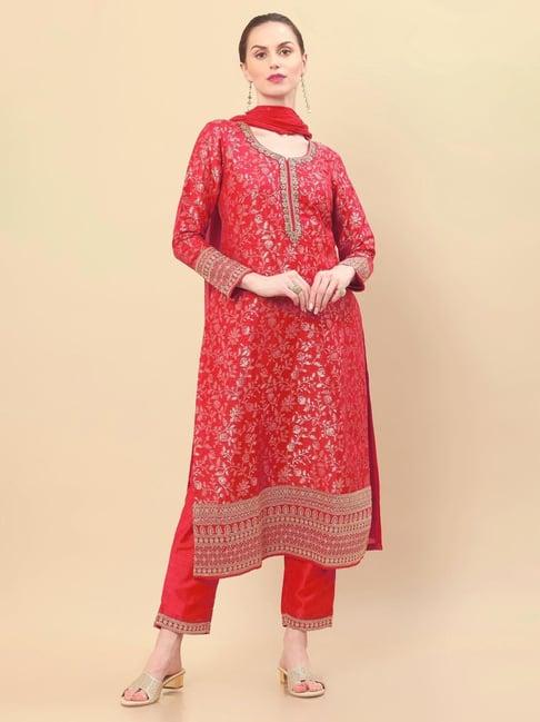 soch red woven pattern kurta pant set with dupatta