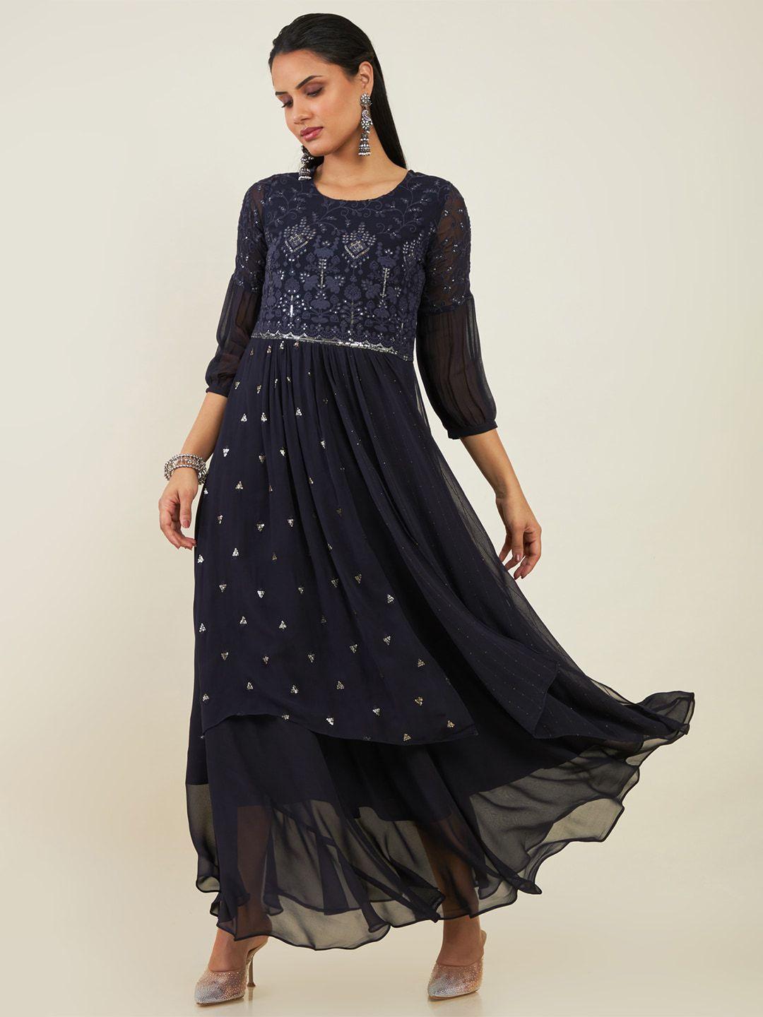 soch round neck embellished georgette maxi fit and flare ethnic dress