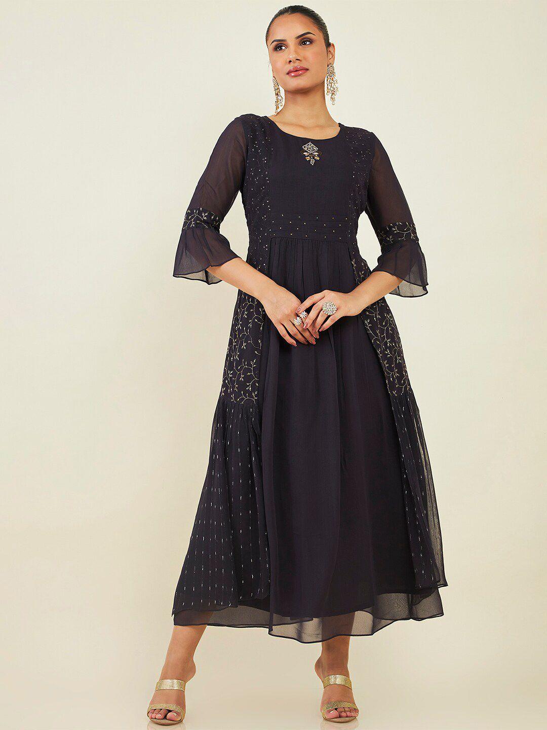 soch round neck embellished georgette maxi fit and flare ethnic dress