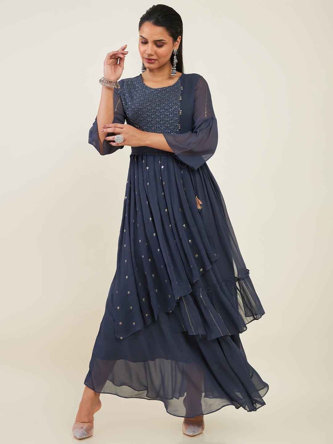 soch round neck embroidered georgette fit and flare ethnic dress with belt