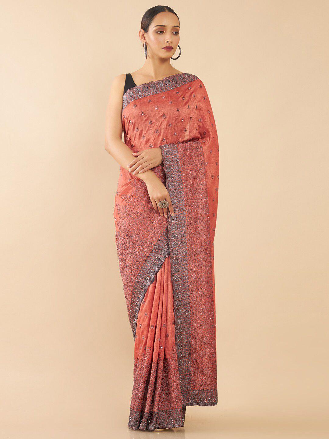 soch rust & grey floral zari silk blend tussar saree