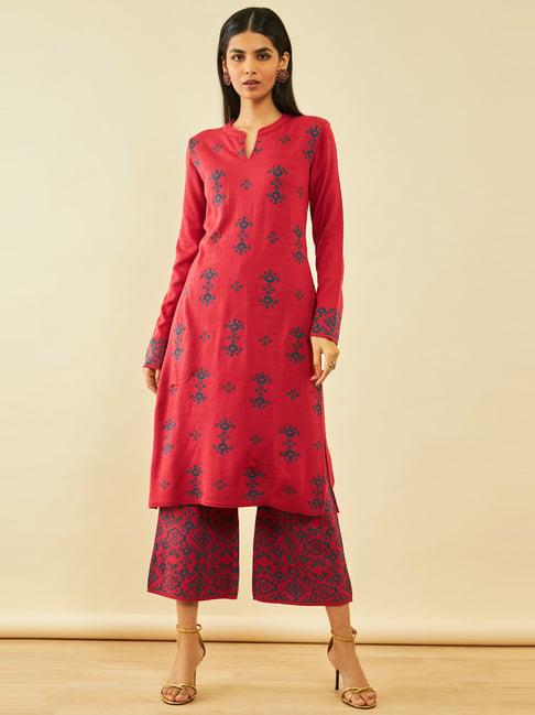 soch rust acrylic ethnic motifs pattern knitted winter kurta set