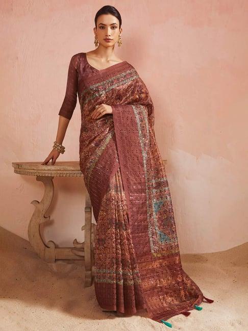 soch rust embellished saree with unstitched blouse