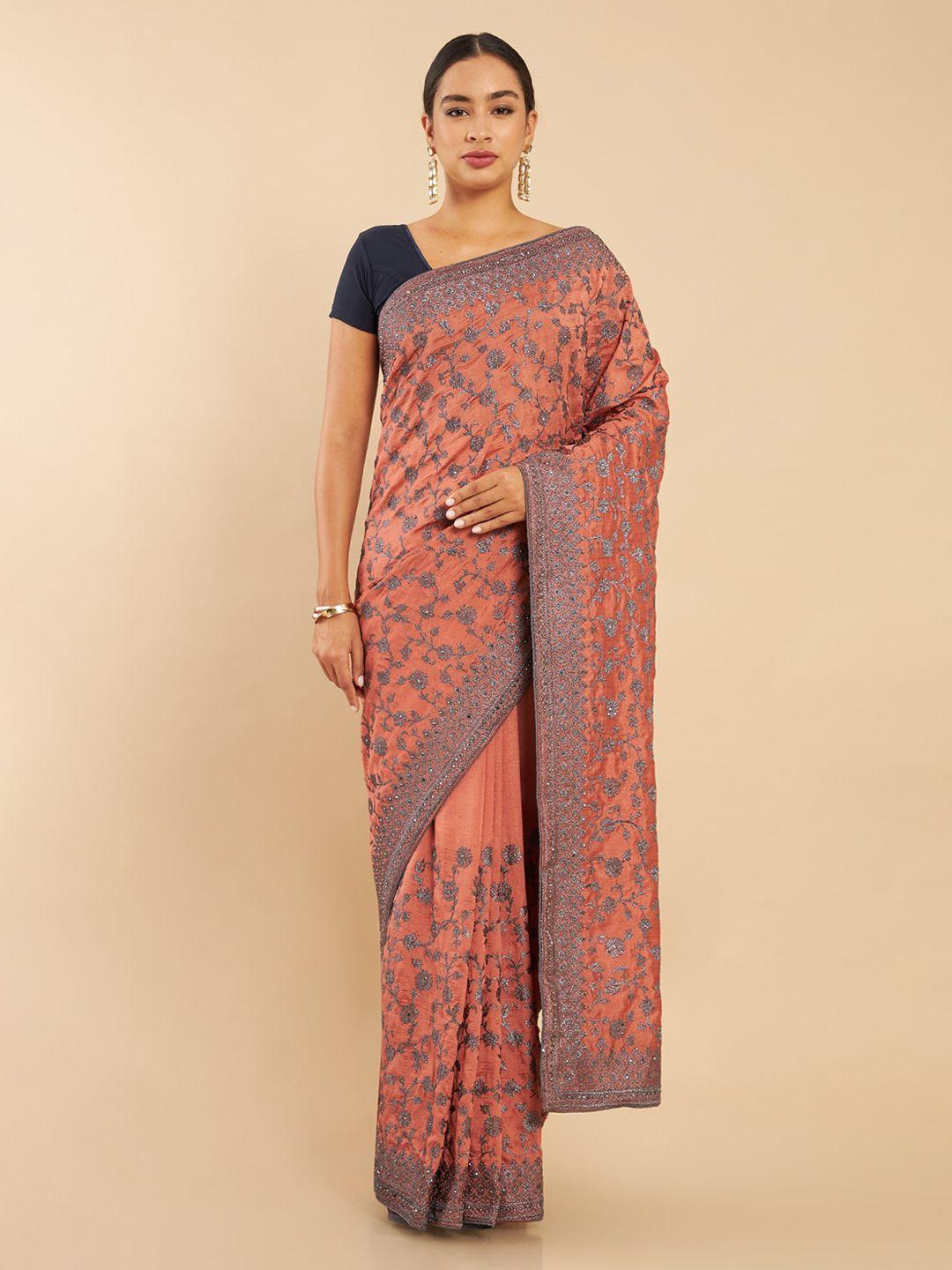 soch rust floral embroidered pure silk saree