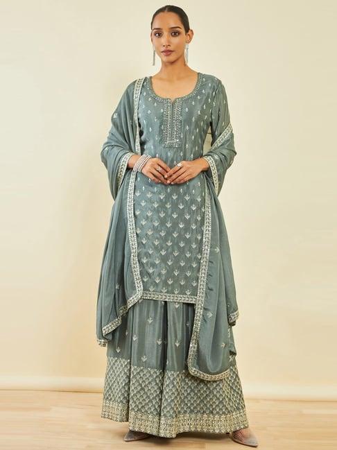 soch sap green chinon zari and sequin embroidered suit set