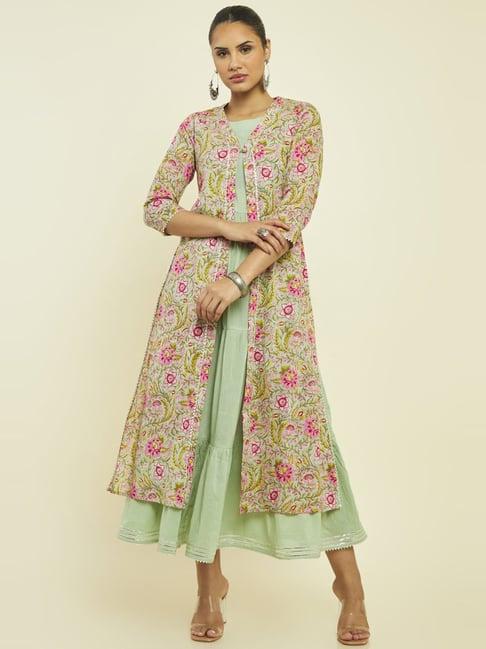 soch sap green cotton floral print double layered a-line dress