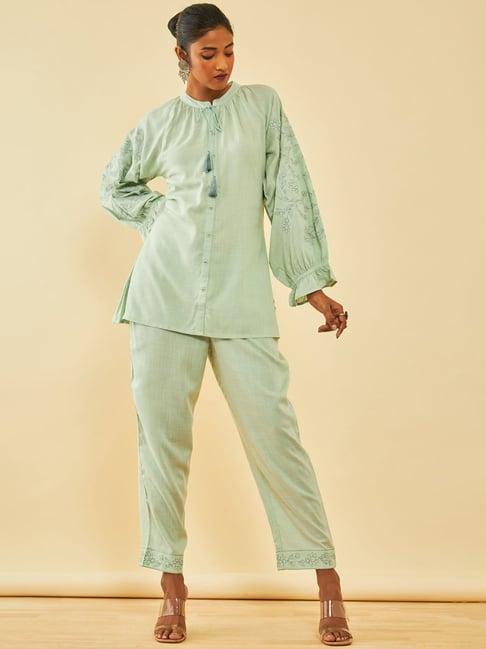 soch sap green rayon slub mandarin collar co-ord set with thread work