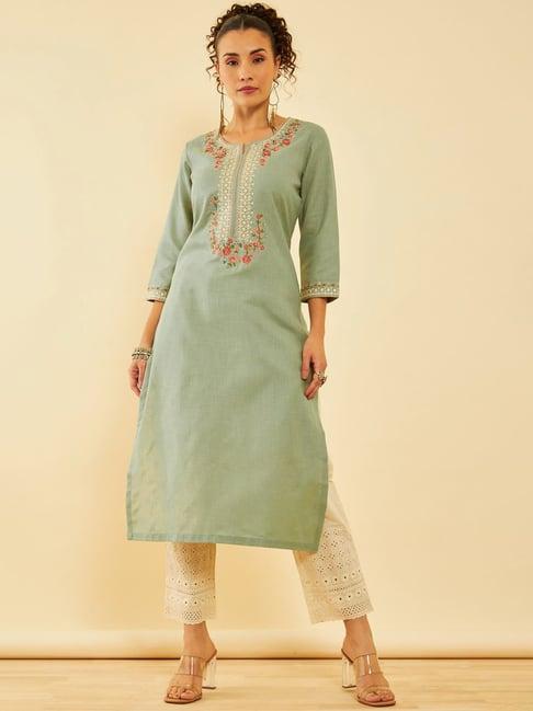 soch sap green silk blend floral embroidered kurta set