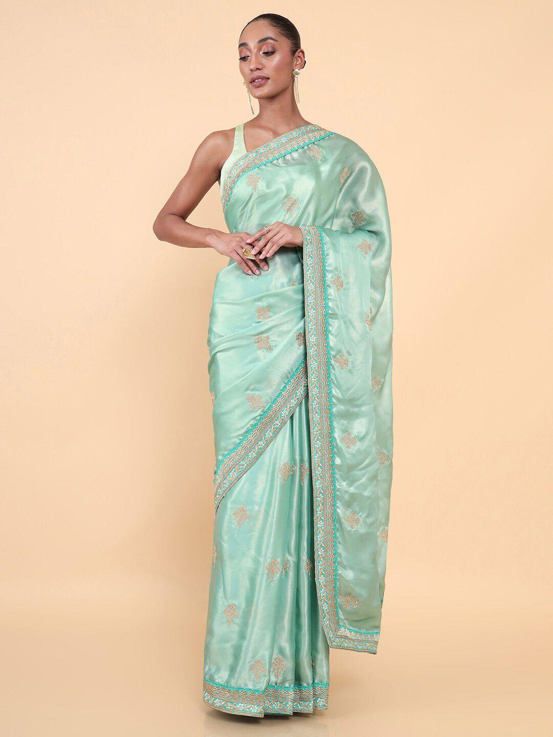 soch sea green & grey floral embroidered silk blend tussar saree