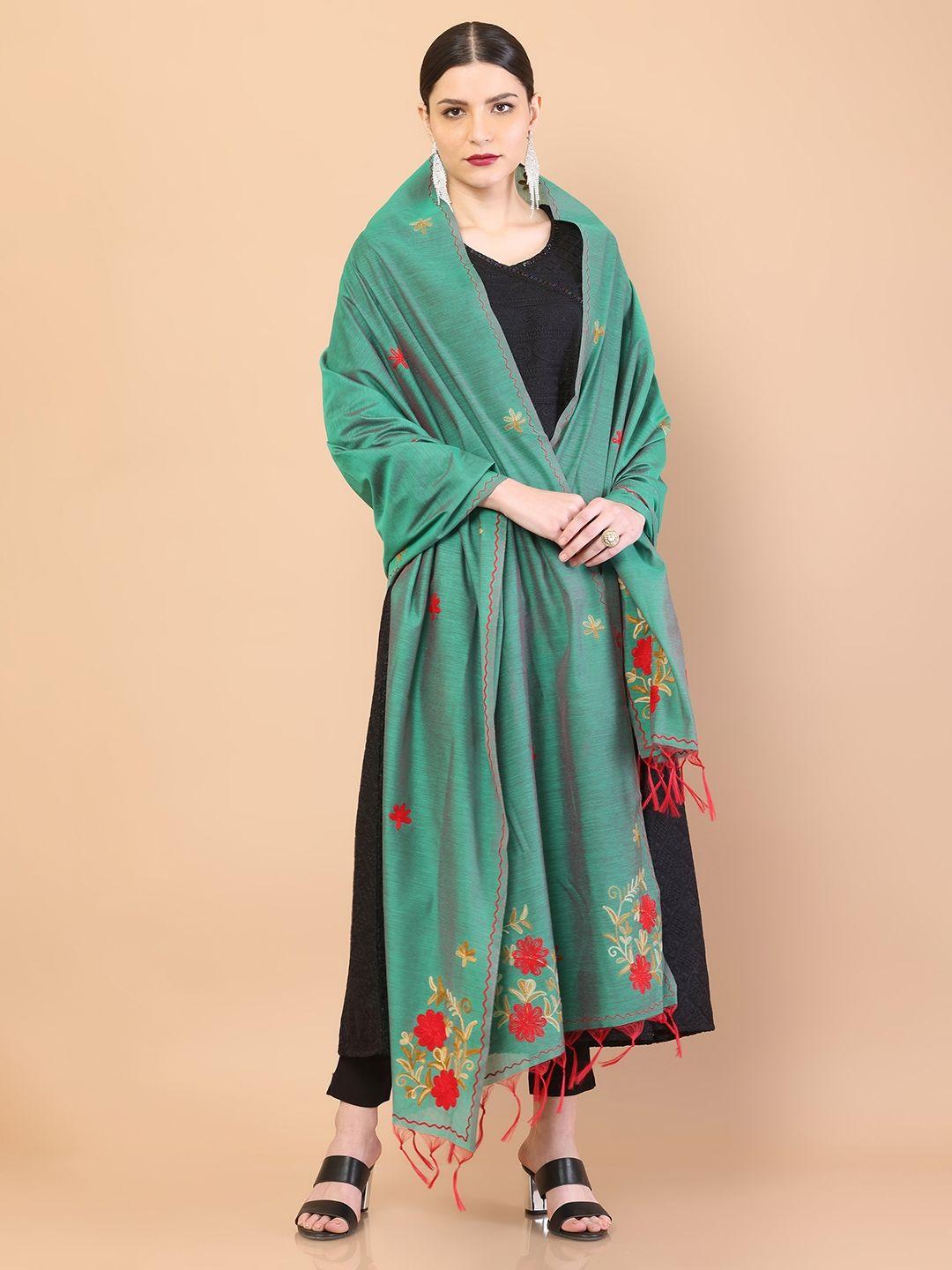 soch sea green & red floral embroidered pure cotton dupatta