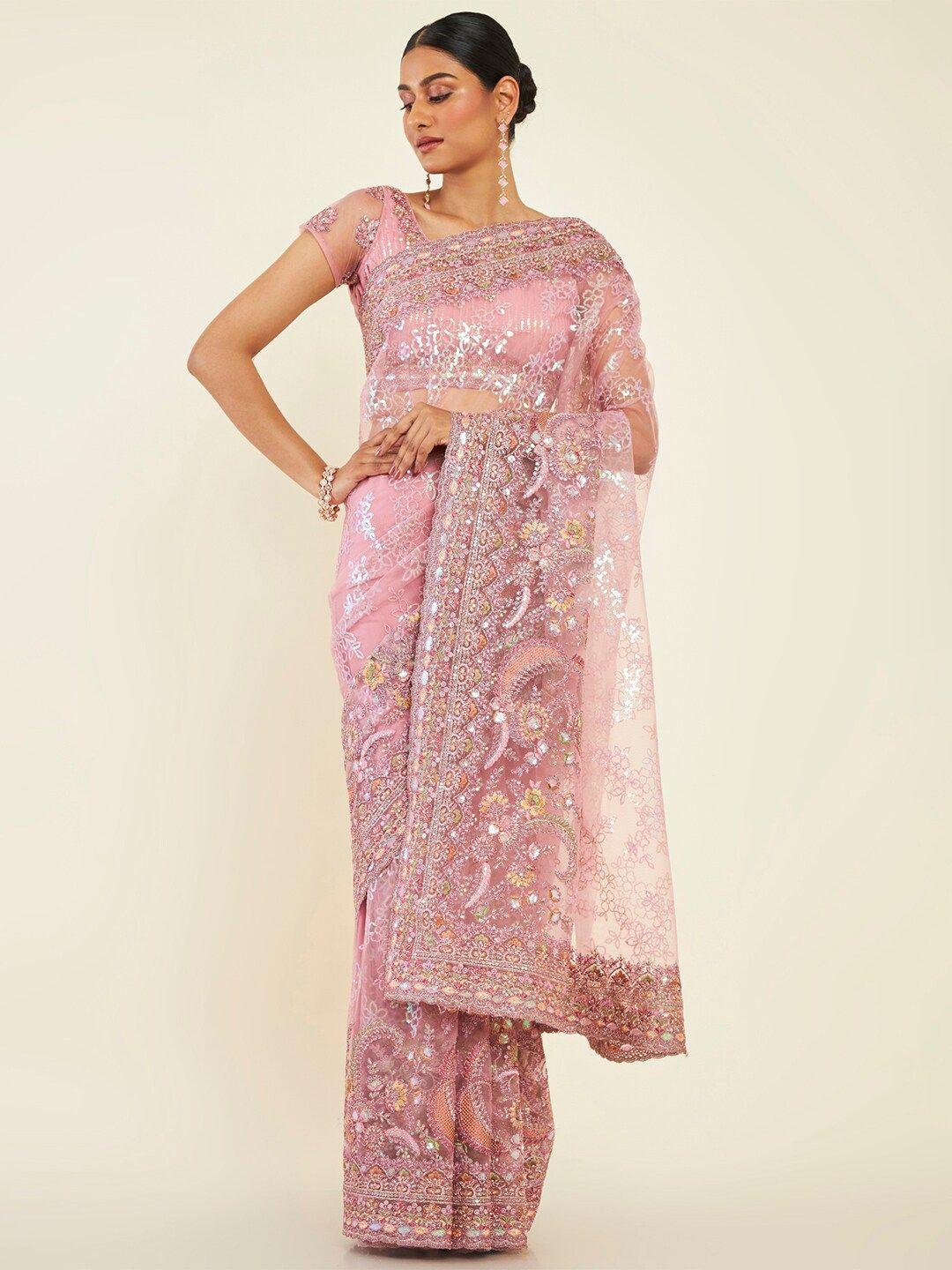 soch sequinned embellished heavy work net saree