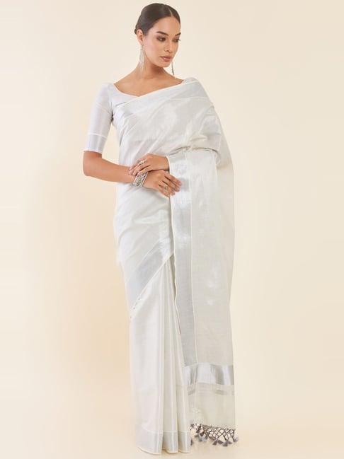 soch silver cotton woven saree with unstitched blouse