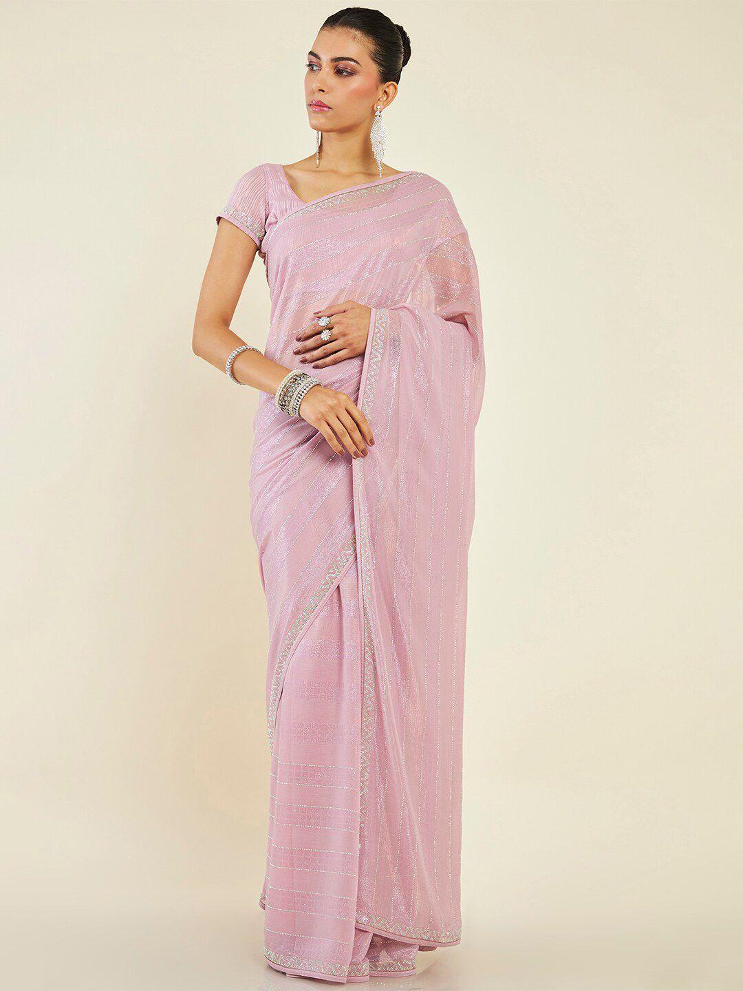 soch striped embellished pure chiffon saree