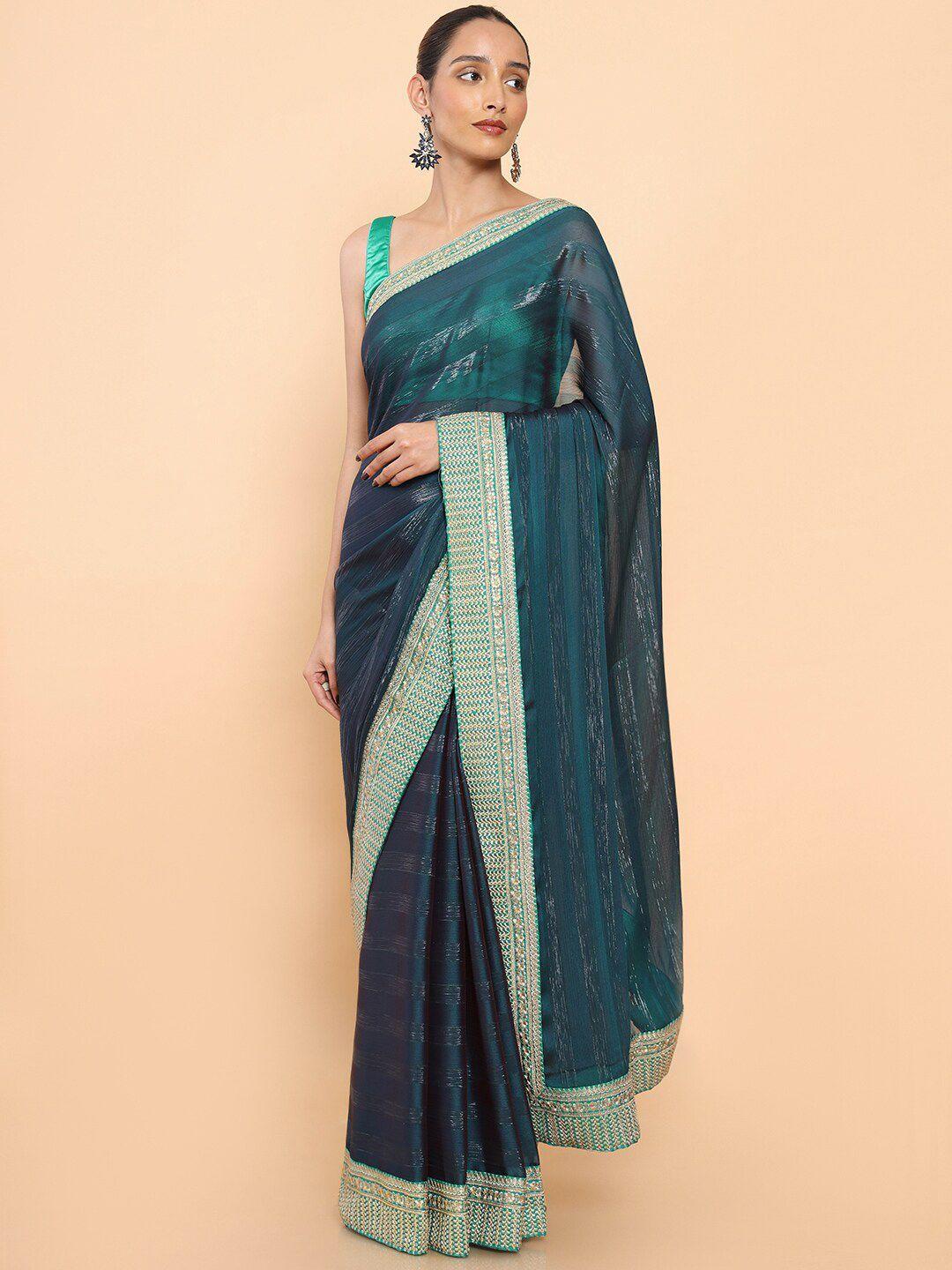 soch striped embroidered pure chiffon saree