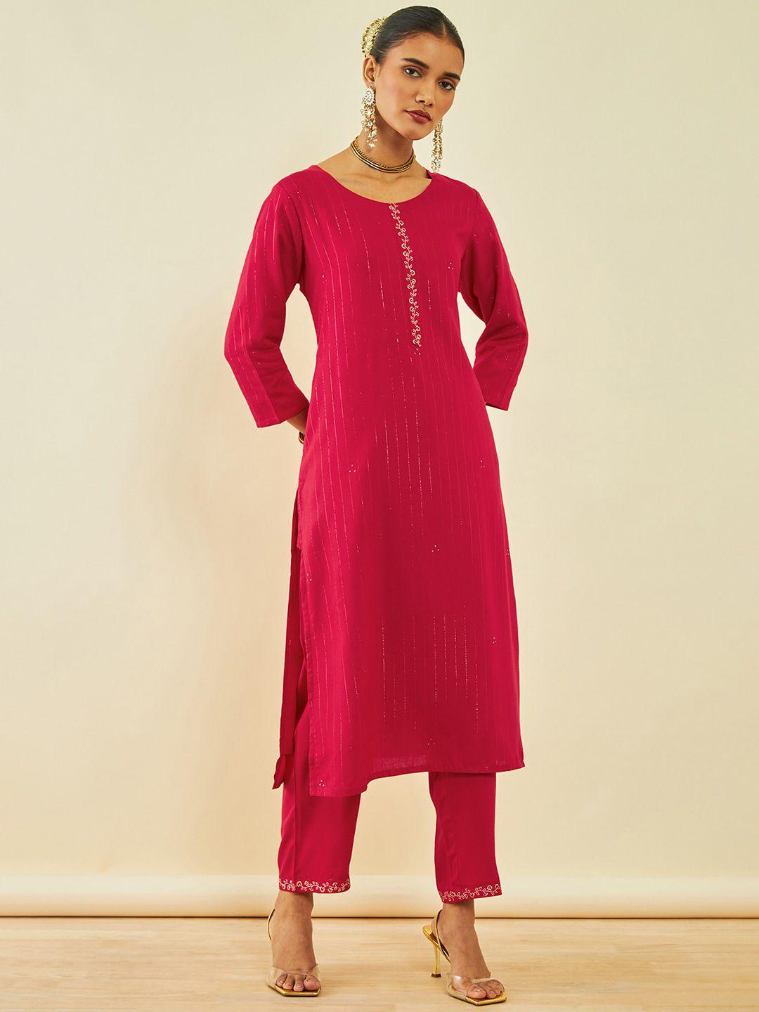 soch striped embroidered straight kurta with trousers