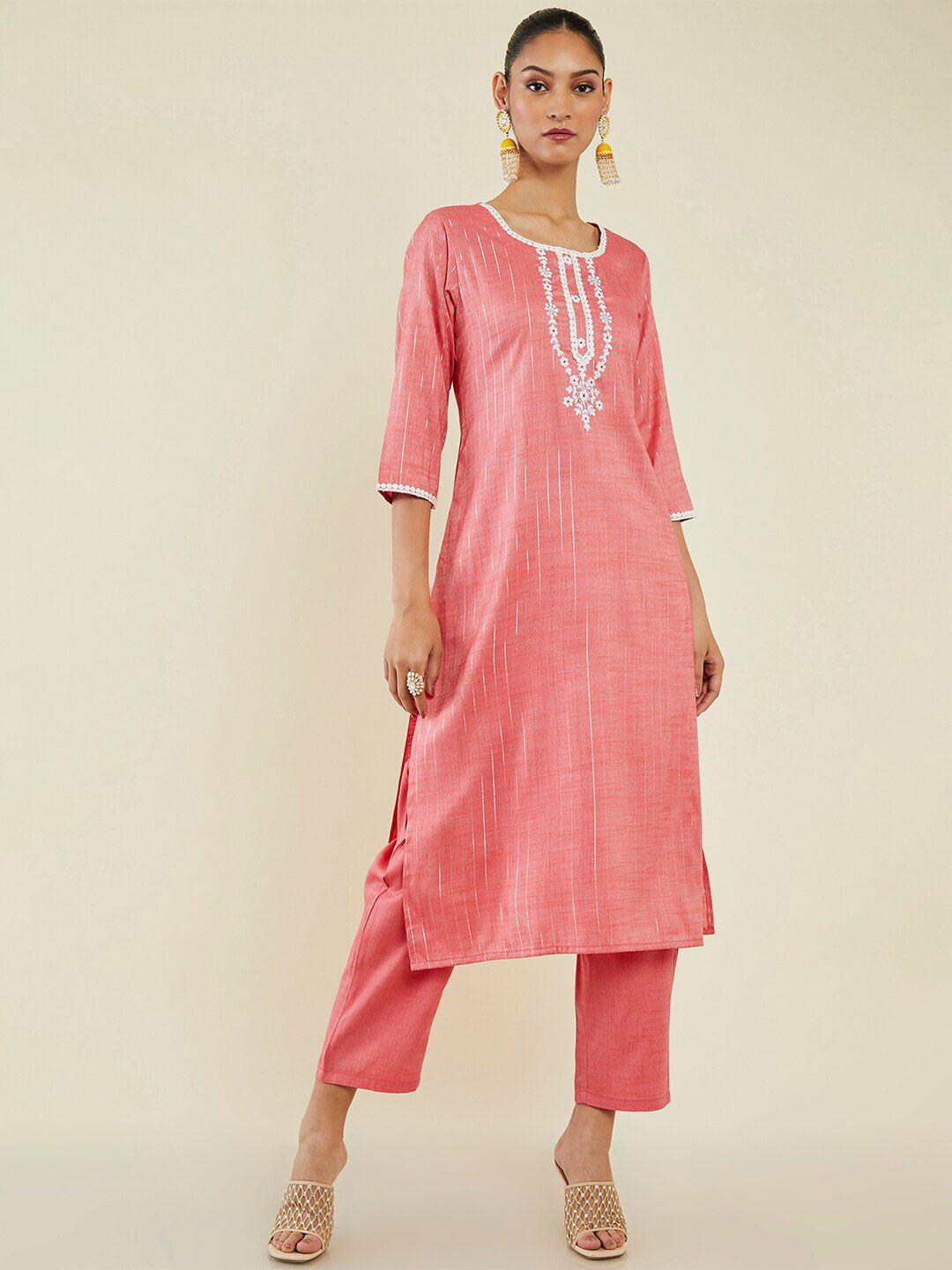 soch striped thread work straight regular kurta with trousers