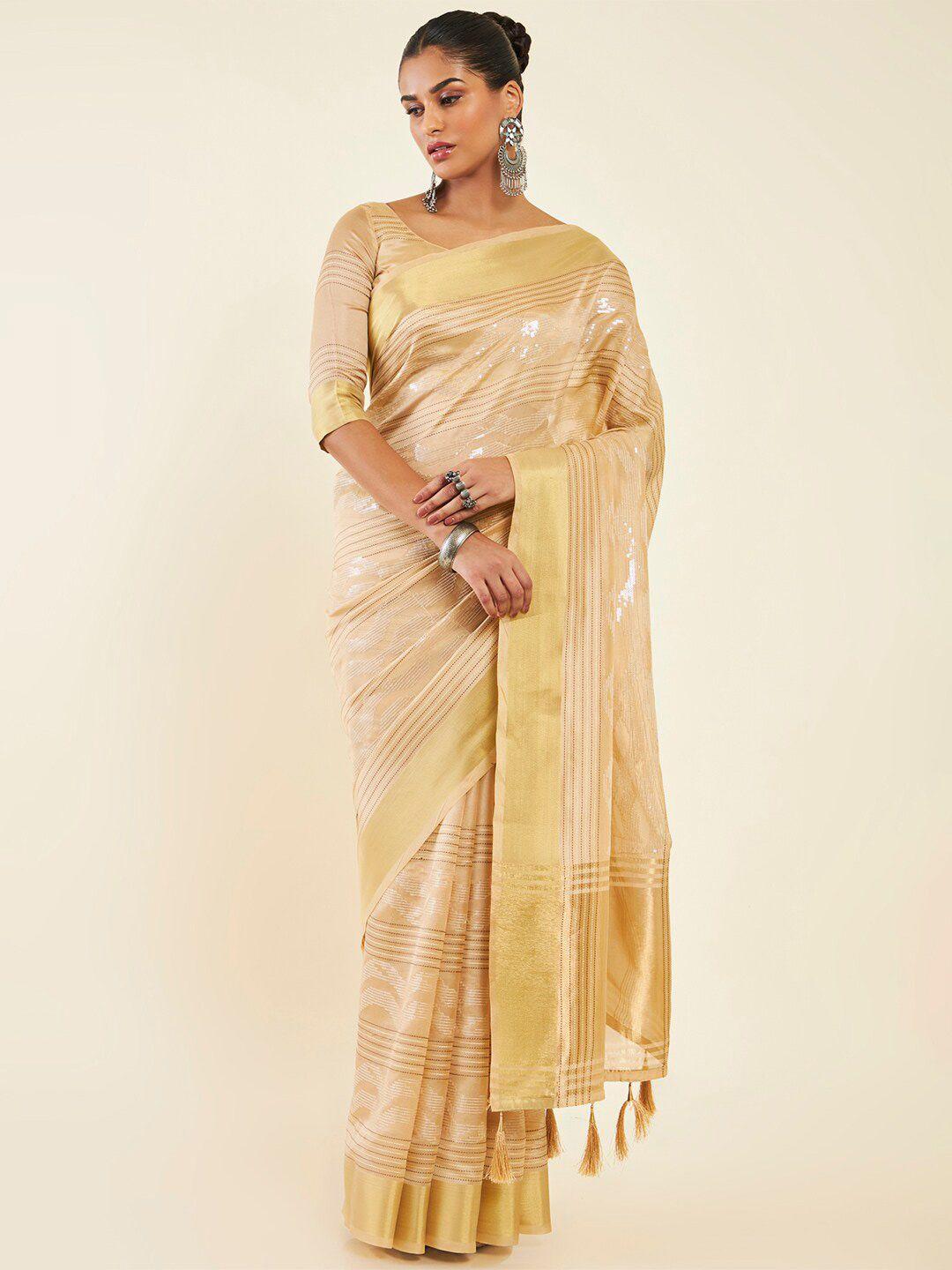 soch stripped embellished sequinned tissue kota zari saree