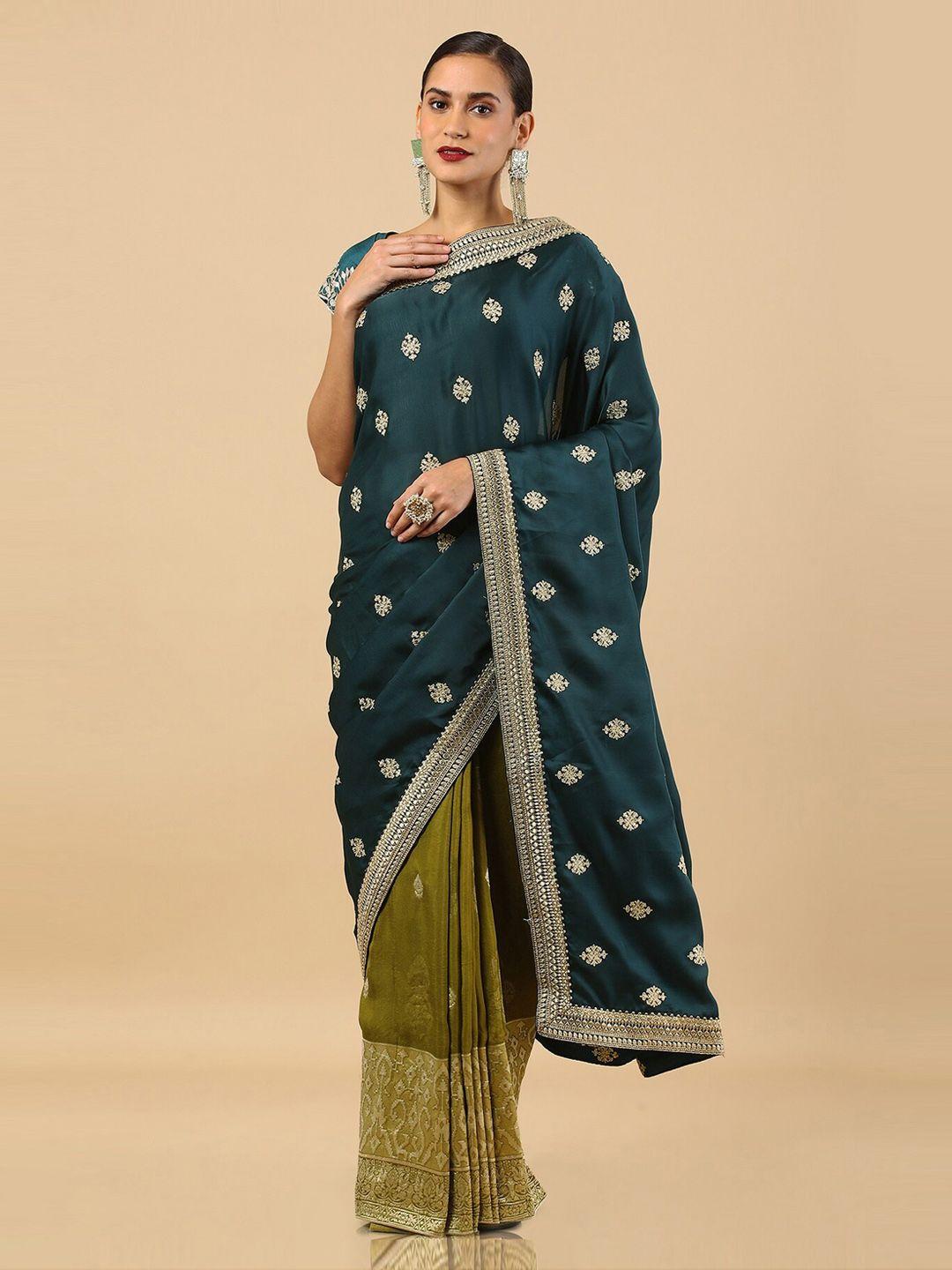 soch teal & olive green ethnic motifs zari silk blend half and half tussar saree