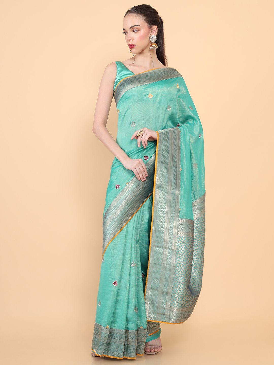 soch teal & silver-toned ethnic motifs embroidered silk blend tussar saree