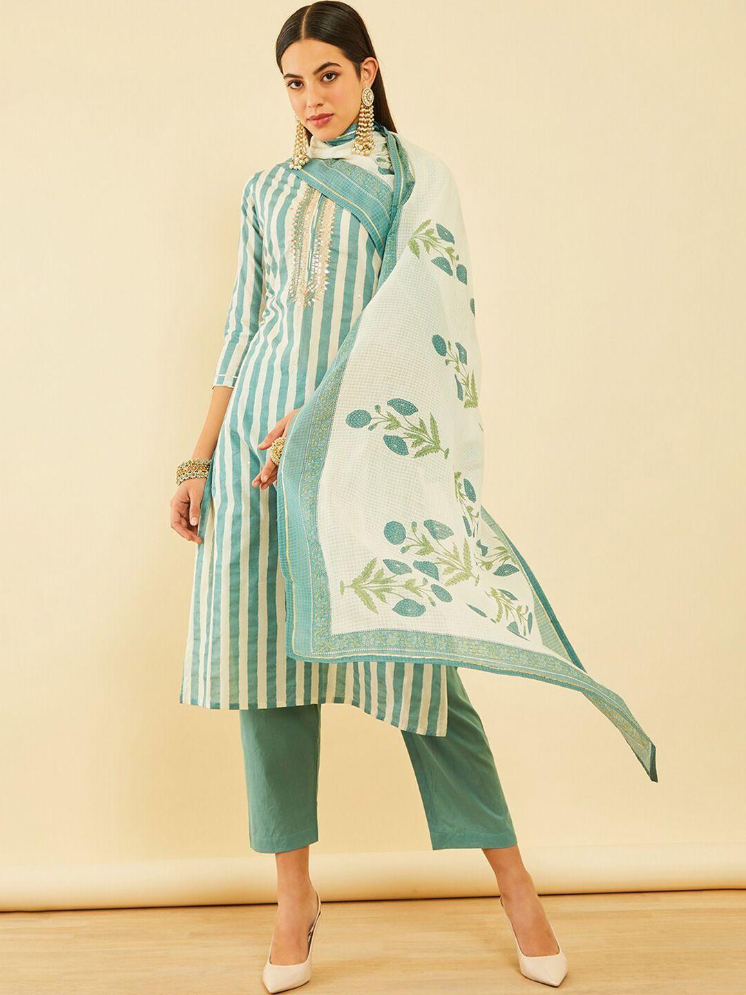 soch teal & white striped printed pure cotton straight kurta with trousers & dupatta