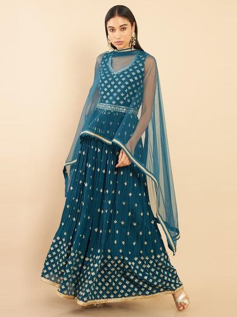 soch teal blue embellished jumpsuit with dupatta