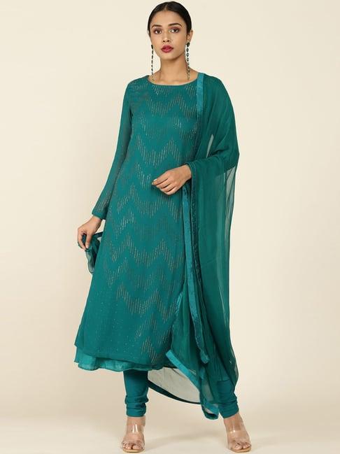 soch teal blue embellished kurta churidar set with dupatta