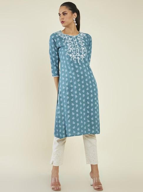 soch teal blue embroidered straight kurta