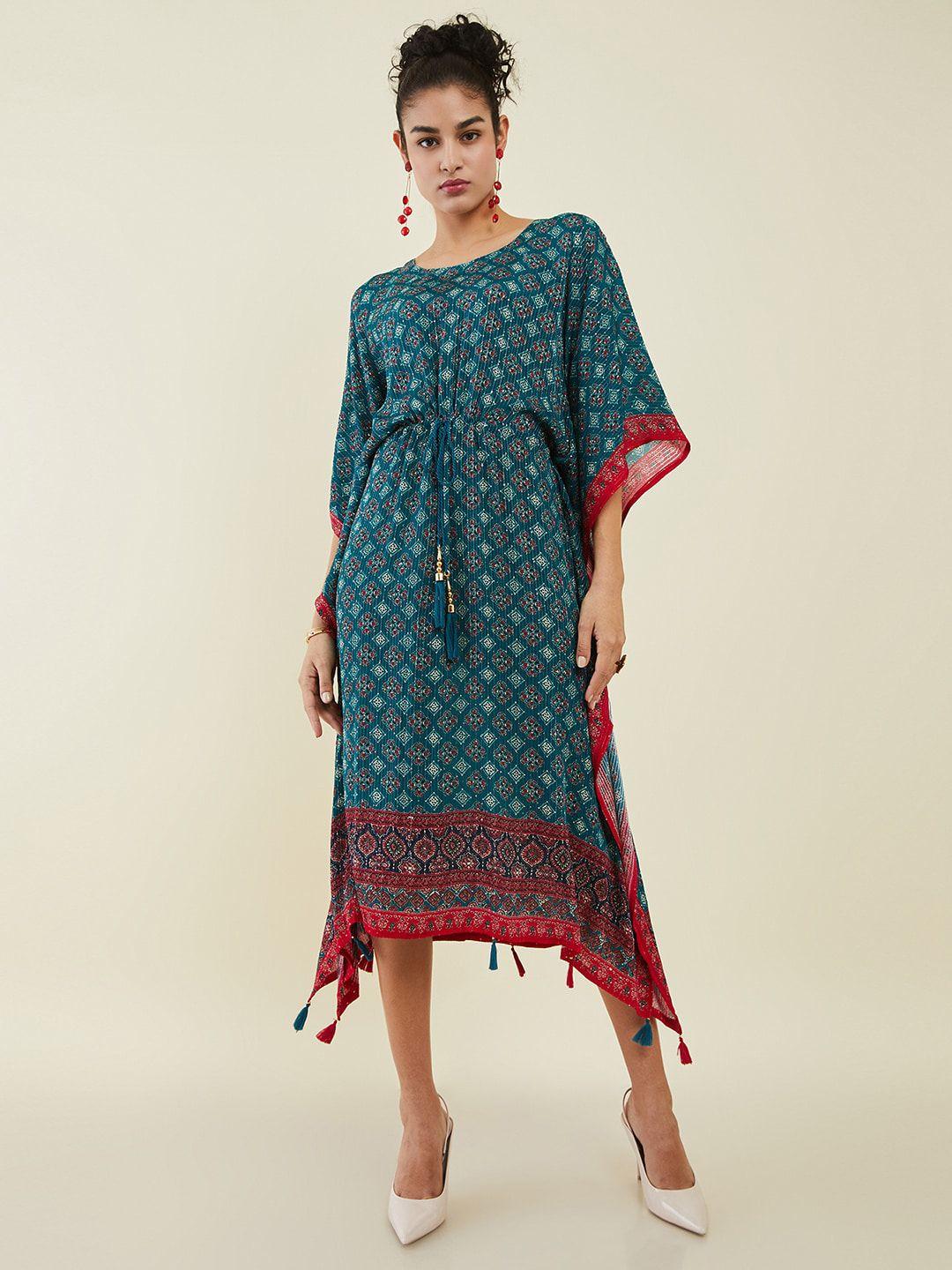 soch teal blue ethnic motifs printed sequined kaftan midi ethnic dress