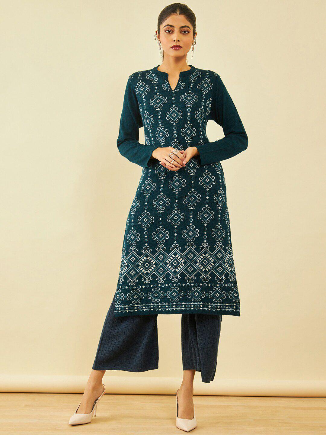 soch teal blue ethnic motifs self design band collar acrylic winter kurta