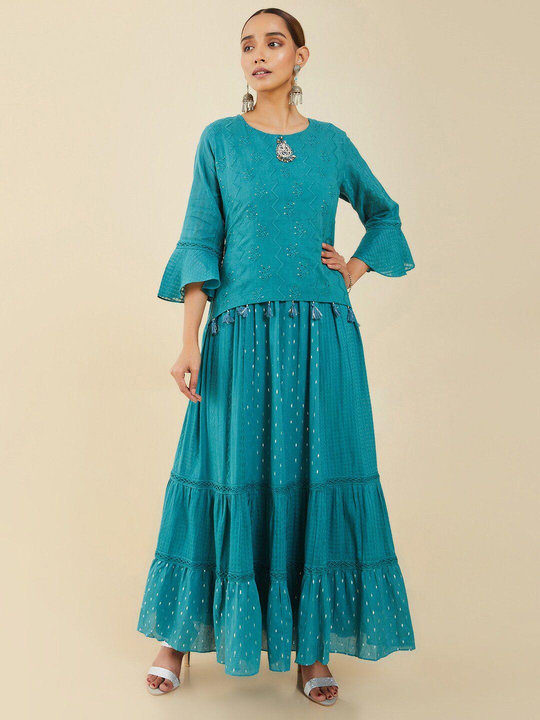 soch teal embroidered ethnic maxi dress