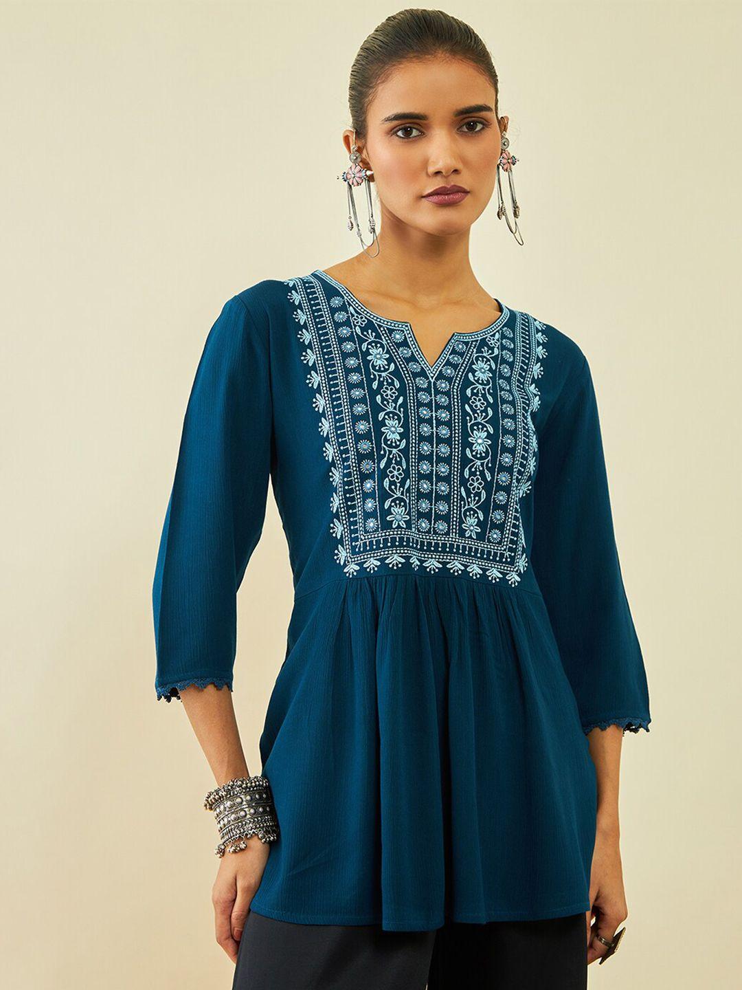 soch teal ethnic motifs embroidered mirror work crepe tunic