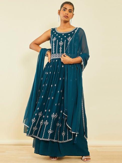 soch teal georgette embroidered nyra cut suit set with dupatta