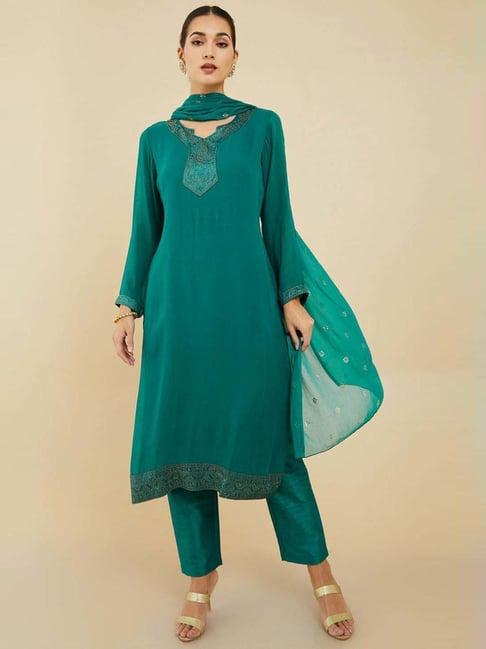 soch teal green embellished kurta pant set with dupatta