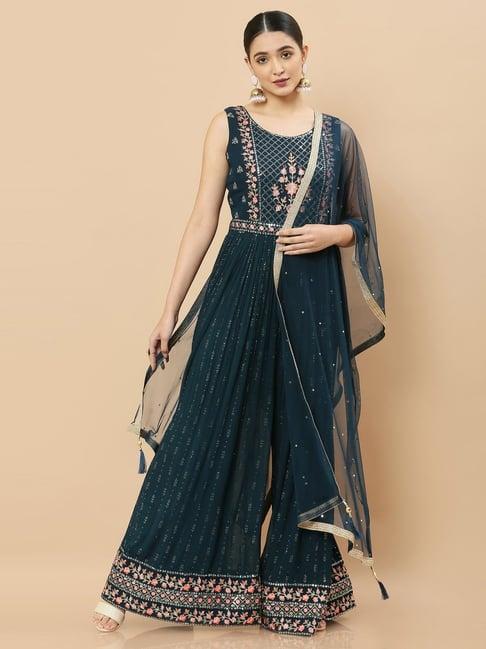 soch teal green embroidered jumpsuit with dupatta