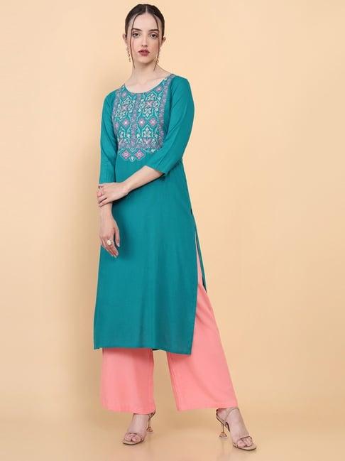 soch teal green embroidered straight kurta