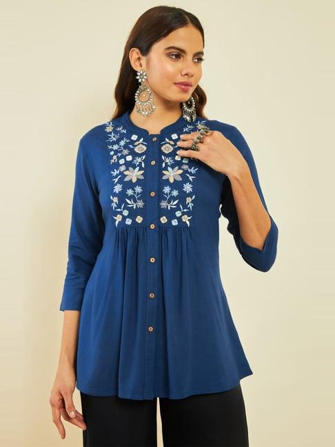 soch teal rayon floral embroidered yoke a-line tunic